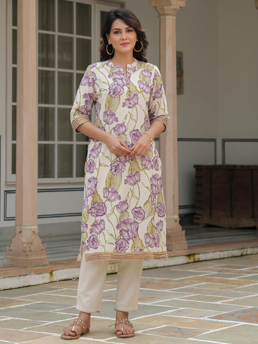 Linen Cotton Floral Straight Off-White Kurta