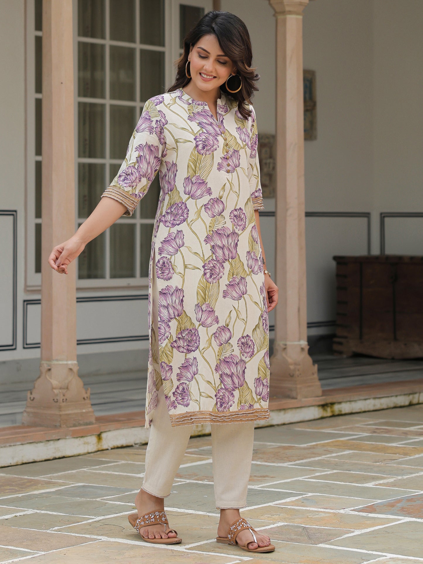 Linen Cotton Floral Kurta