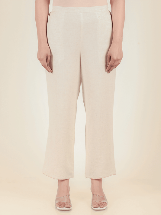 Linen Cotton Solid Cream Straight Trousers