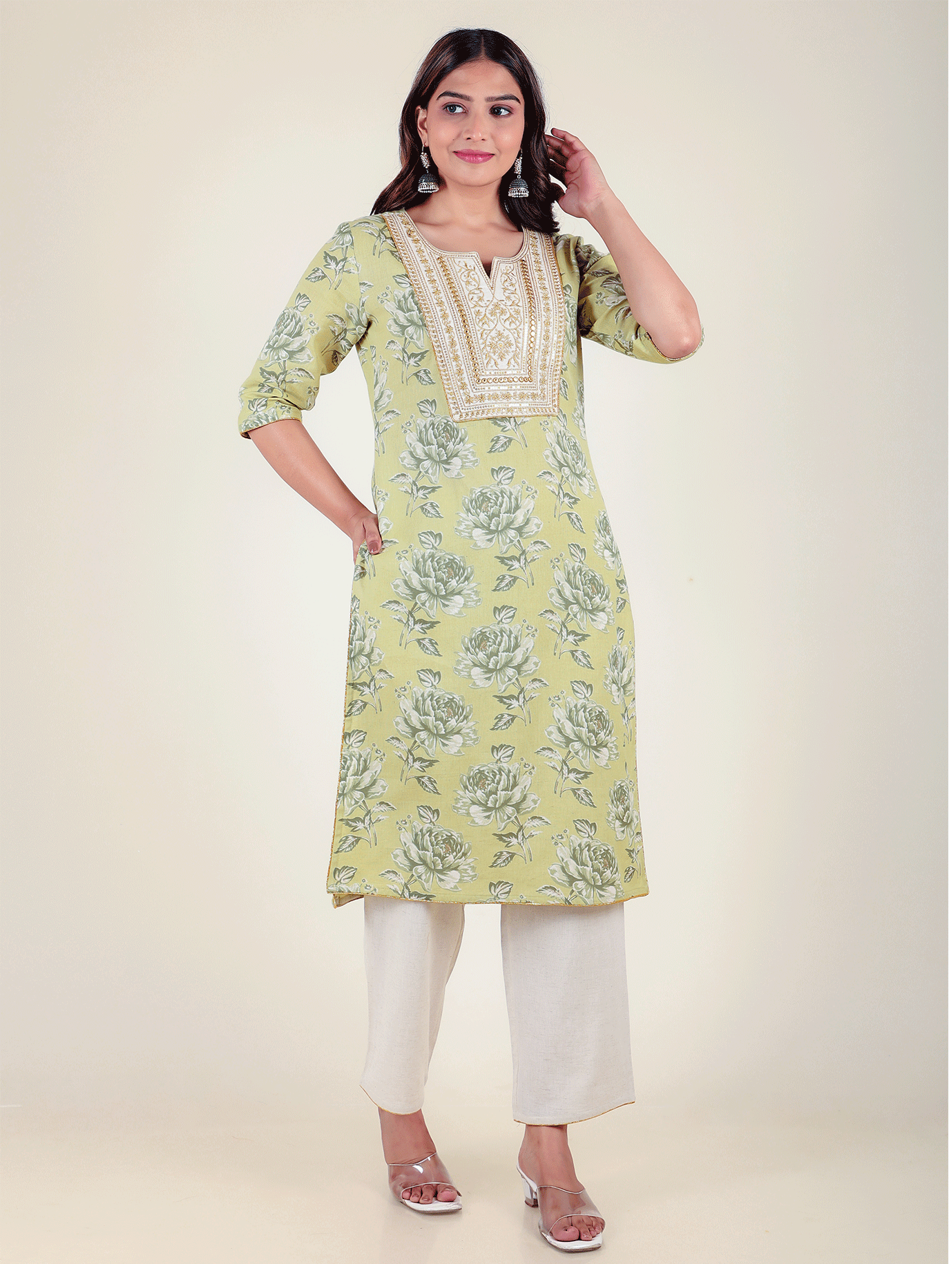 Linen Cotton Floral Kurta