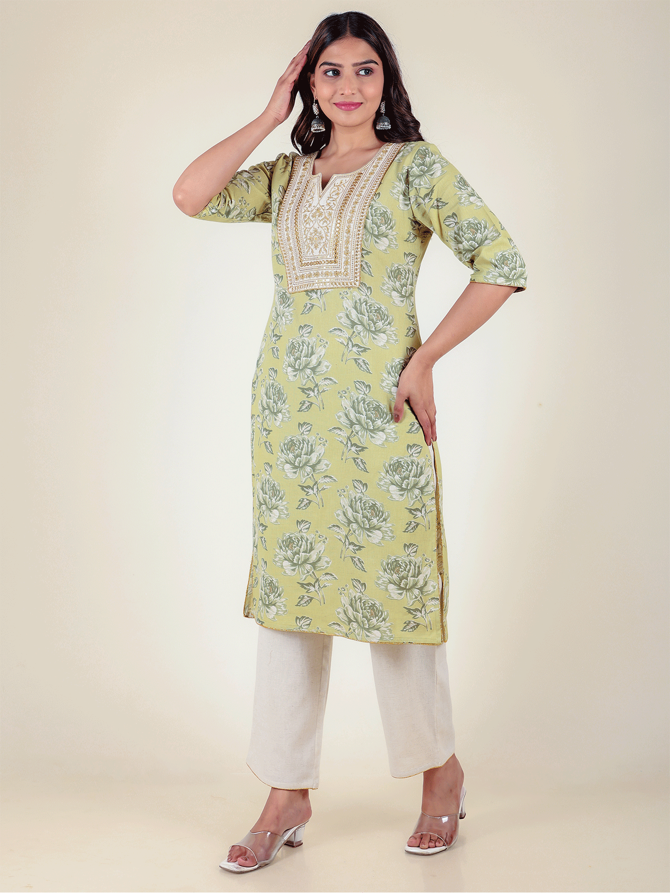 Linen Cotton Floral Kurta