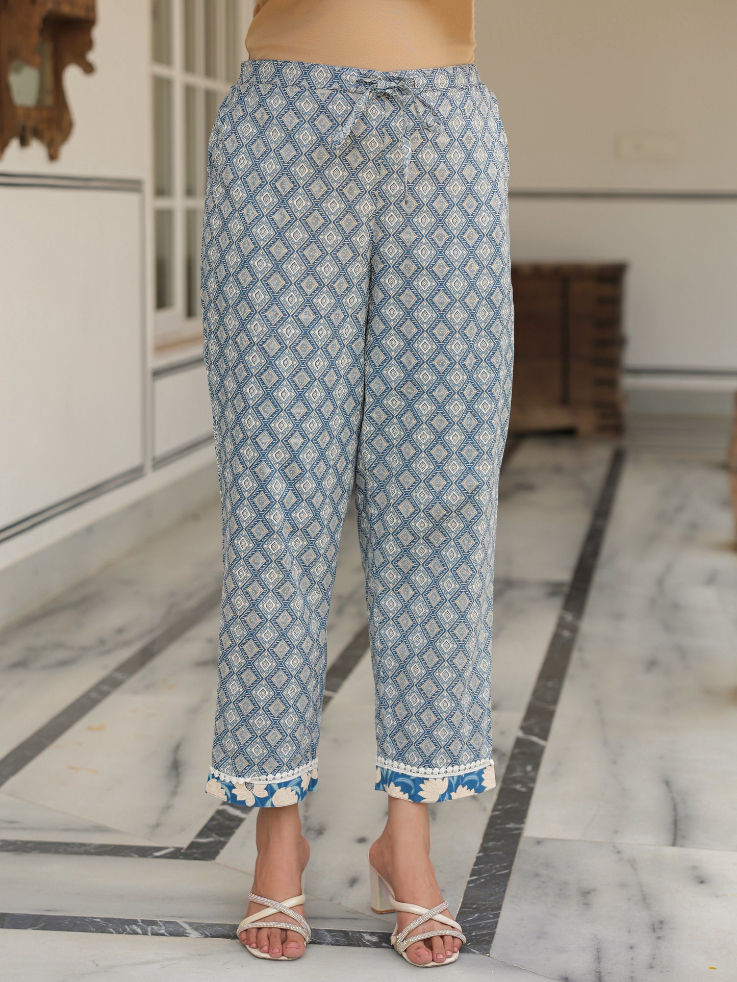 Soft Cotton Geometric Blue Straight Trousers