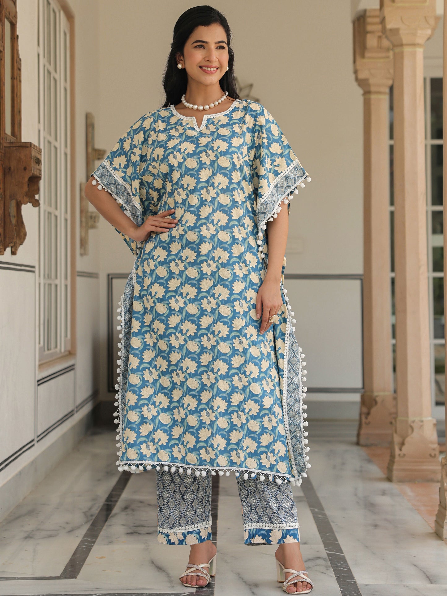 Soft Cotton Floral Kaftan Blue Kurta
