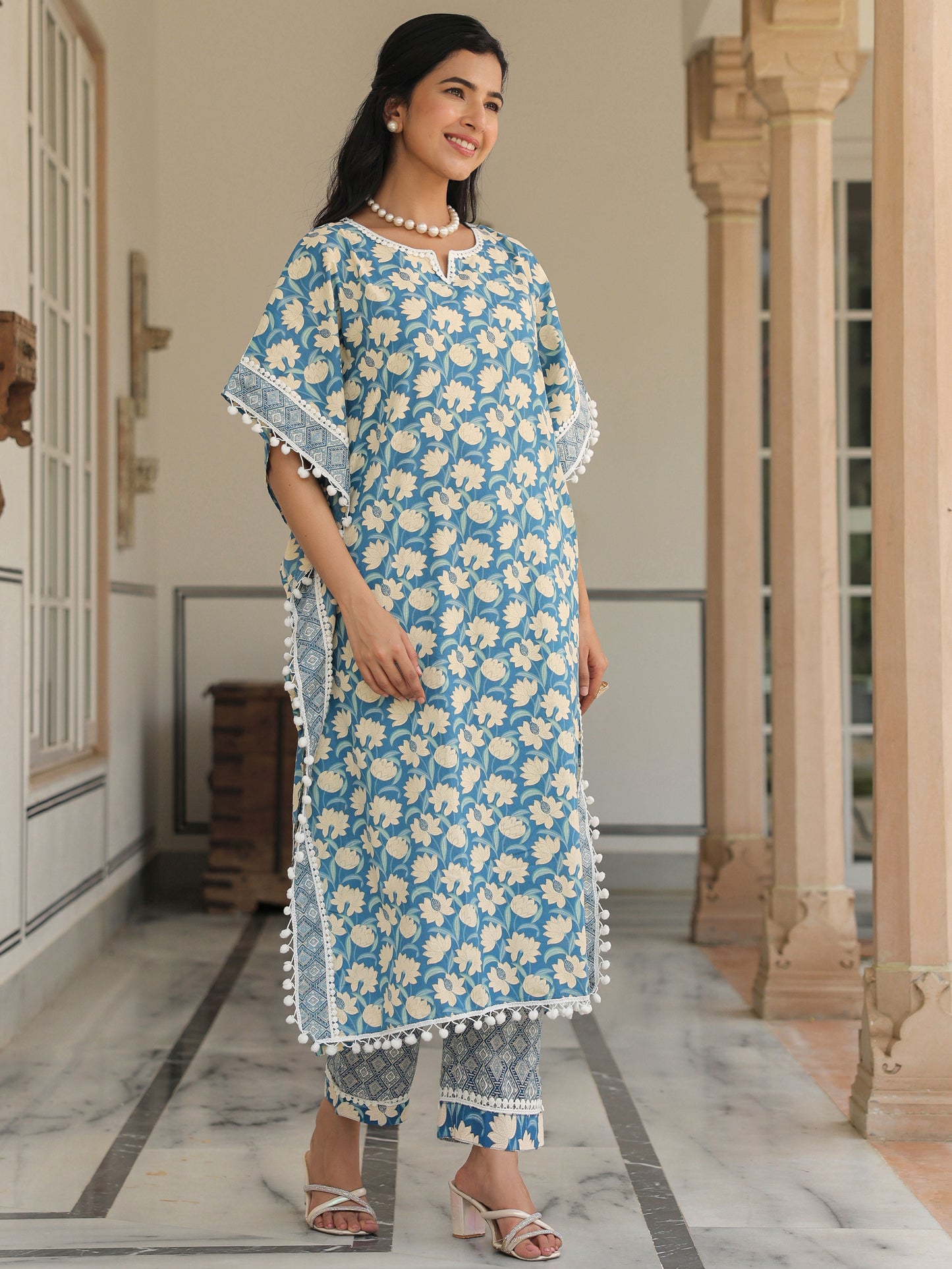 Soft Cotton Floral Kaftan Blue Kurta