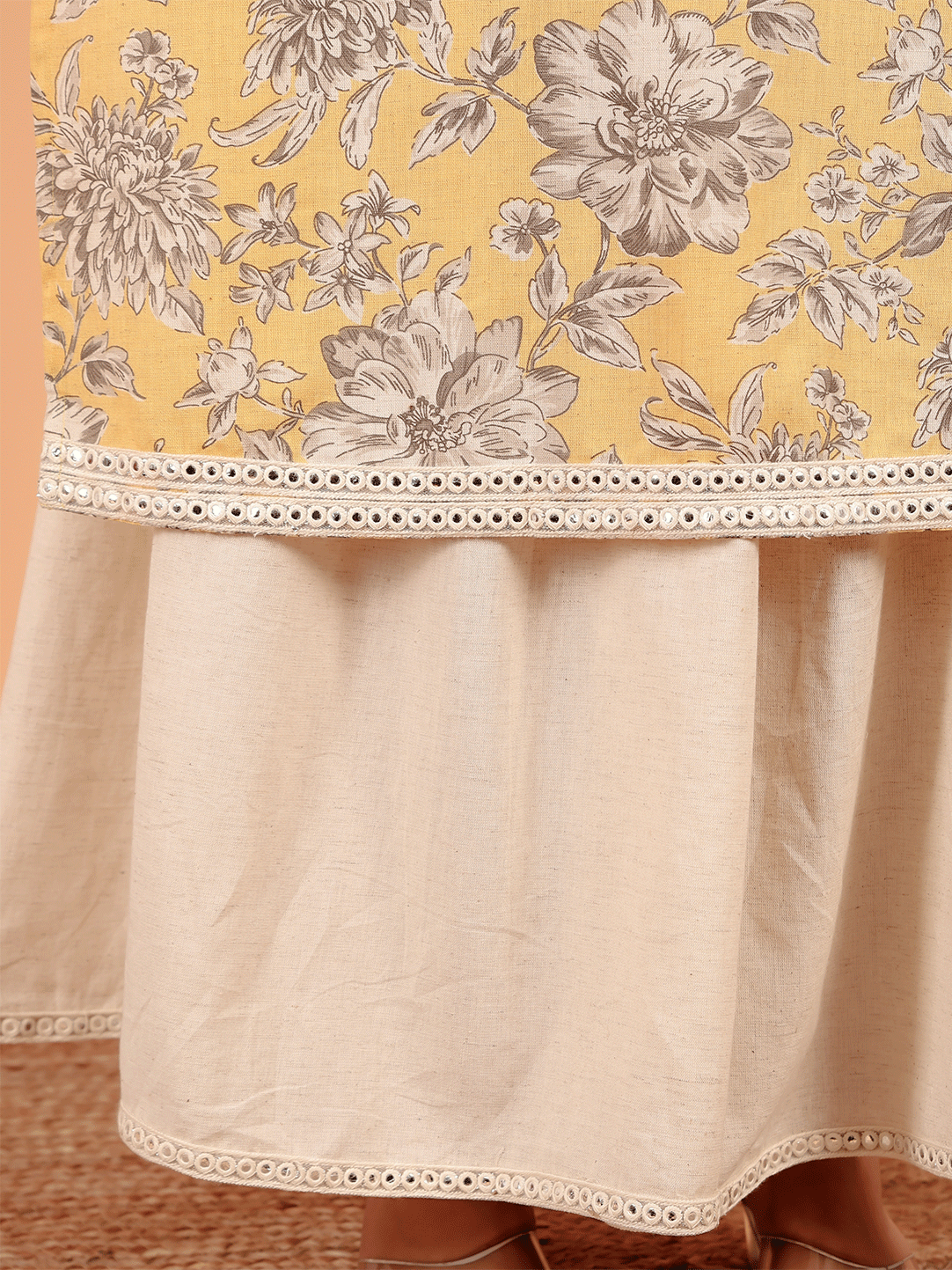 Linen Cotton Floral Straight Yellow Kurta