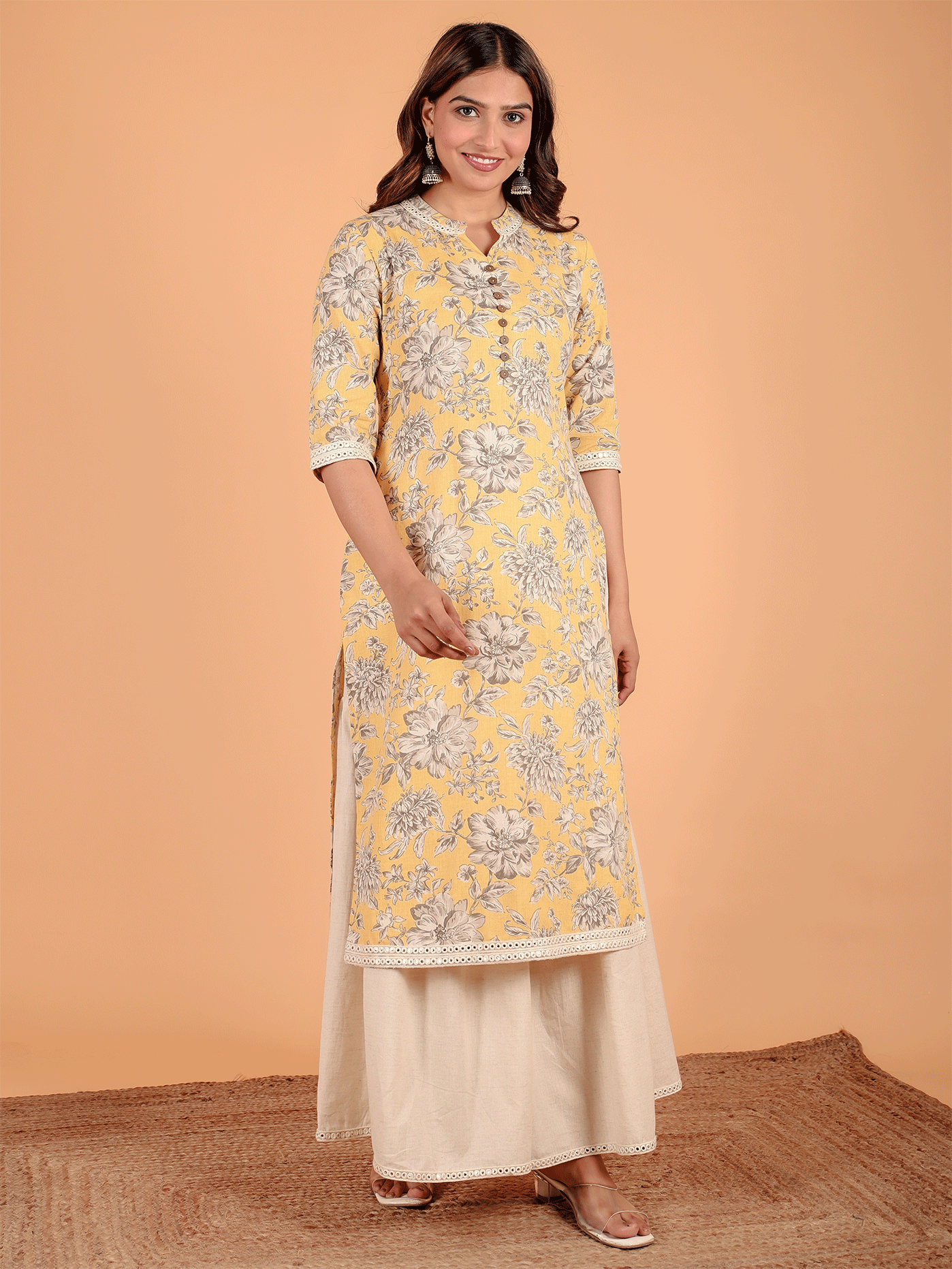 Linen Cotton Floral Straight Yellow Kurta