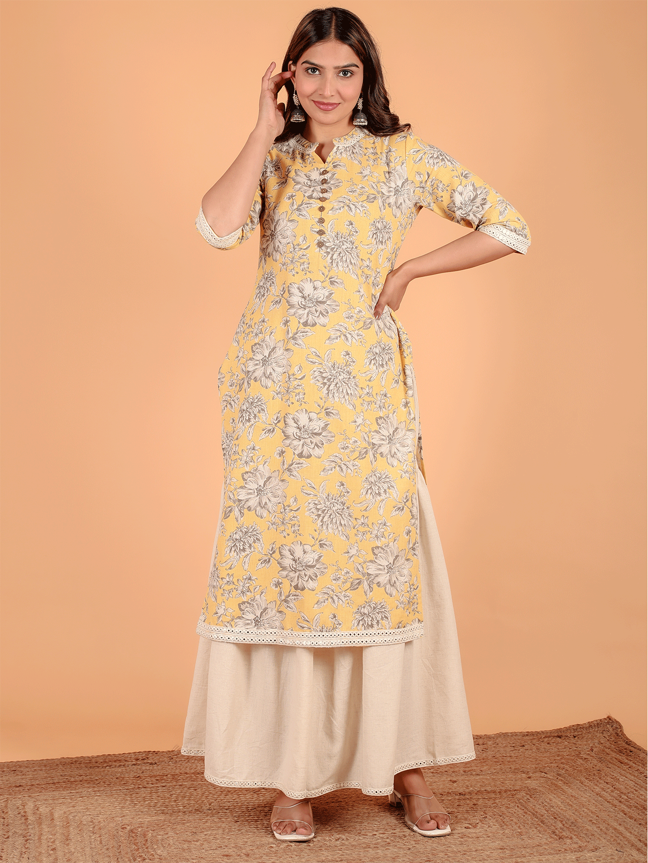 Linen Cotton Floral Straight Yellow Kurta