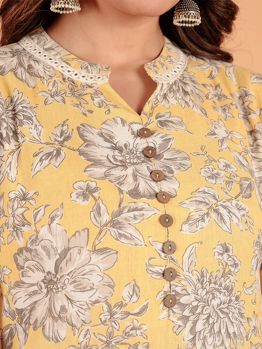 Linen Cotton Floral Straight Yellow Kurta