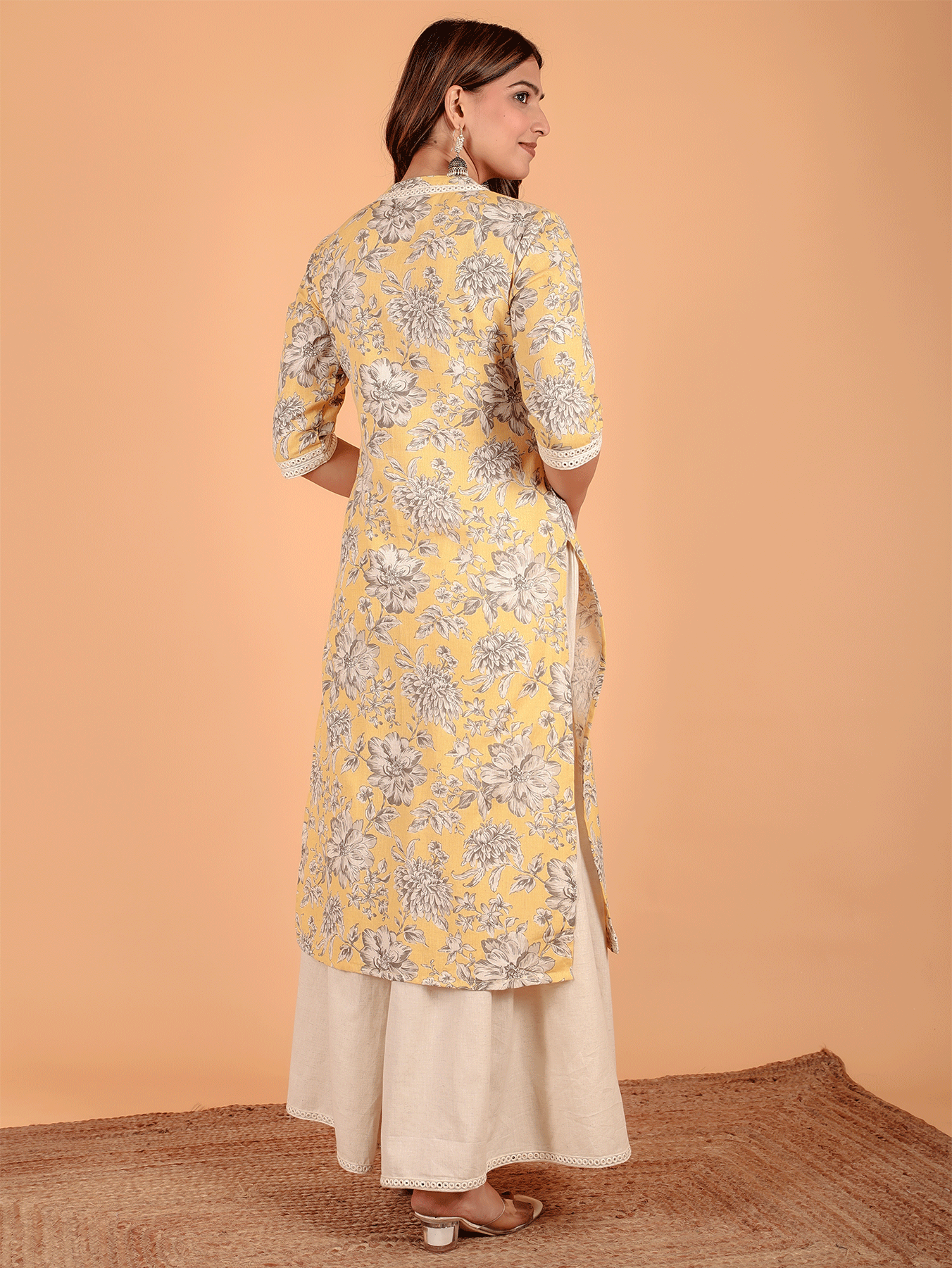 Linen Cotton Floral Straight Yellow Kurta
