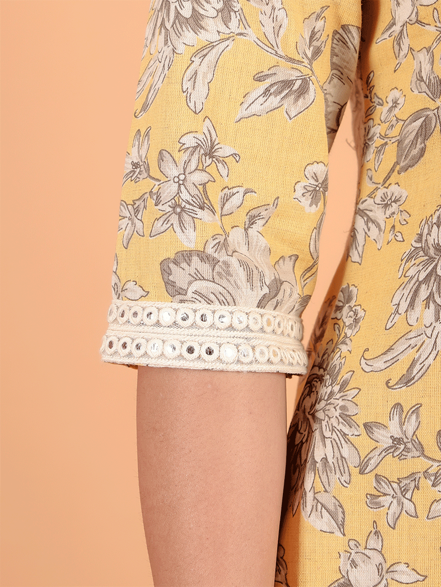 Linen Cotton Floral Straight Yellow Kurta