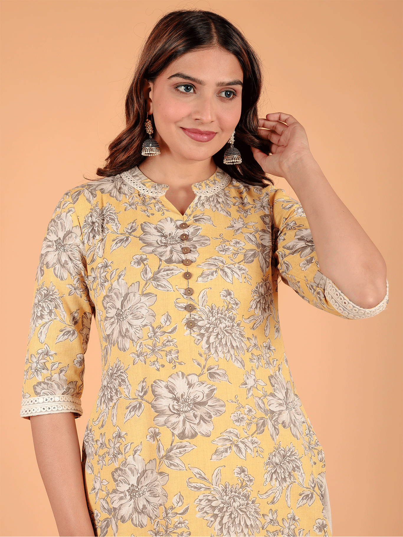 Linen Cotton Floral Straight Yellow Kurta