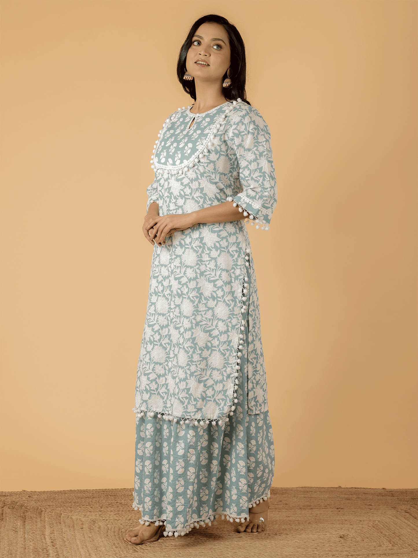 Kantha Cotton Floral Straight Blue Kurta