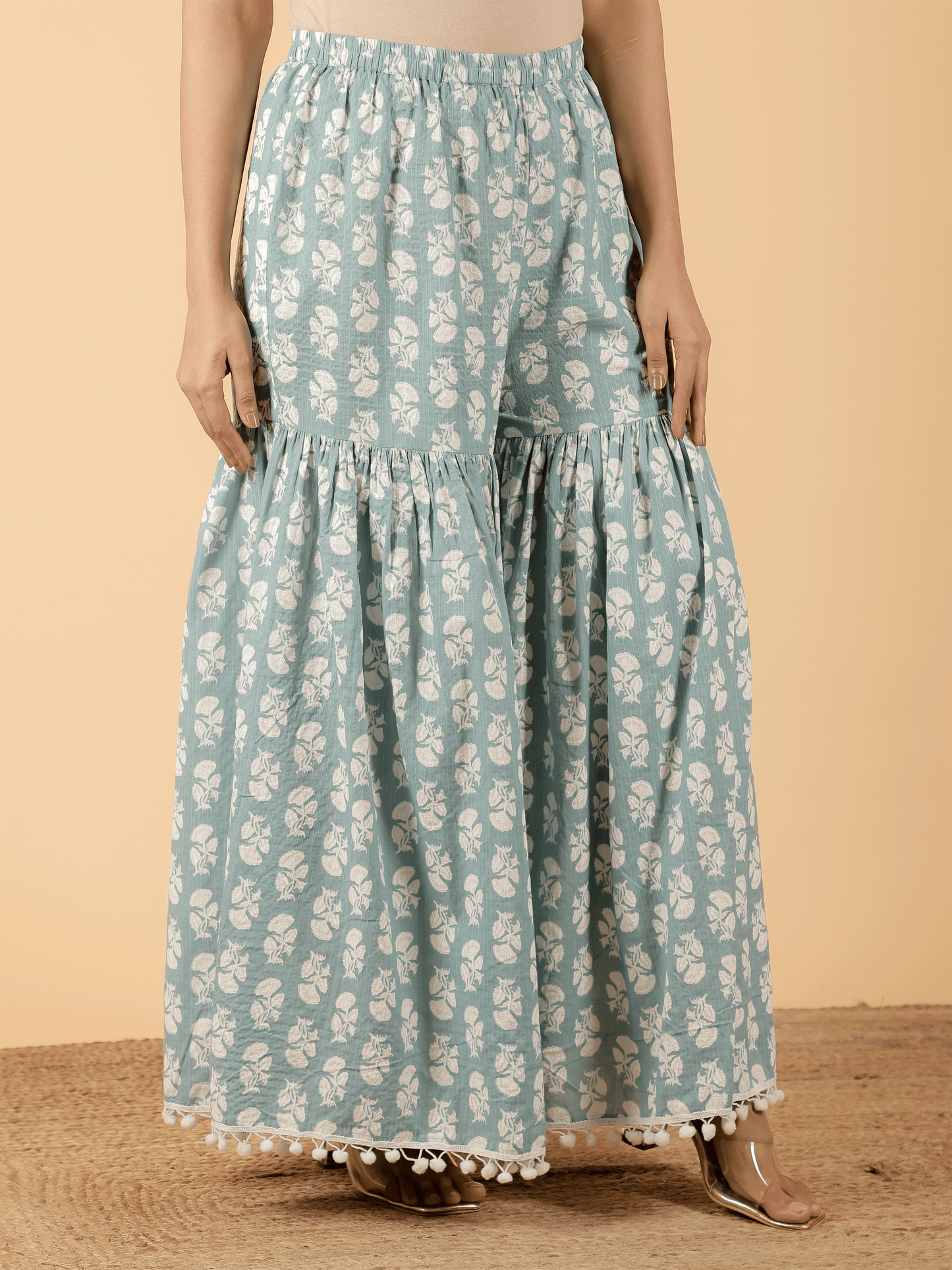 Kantha Cotton Floral Straight Blue Kurta