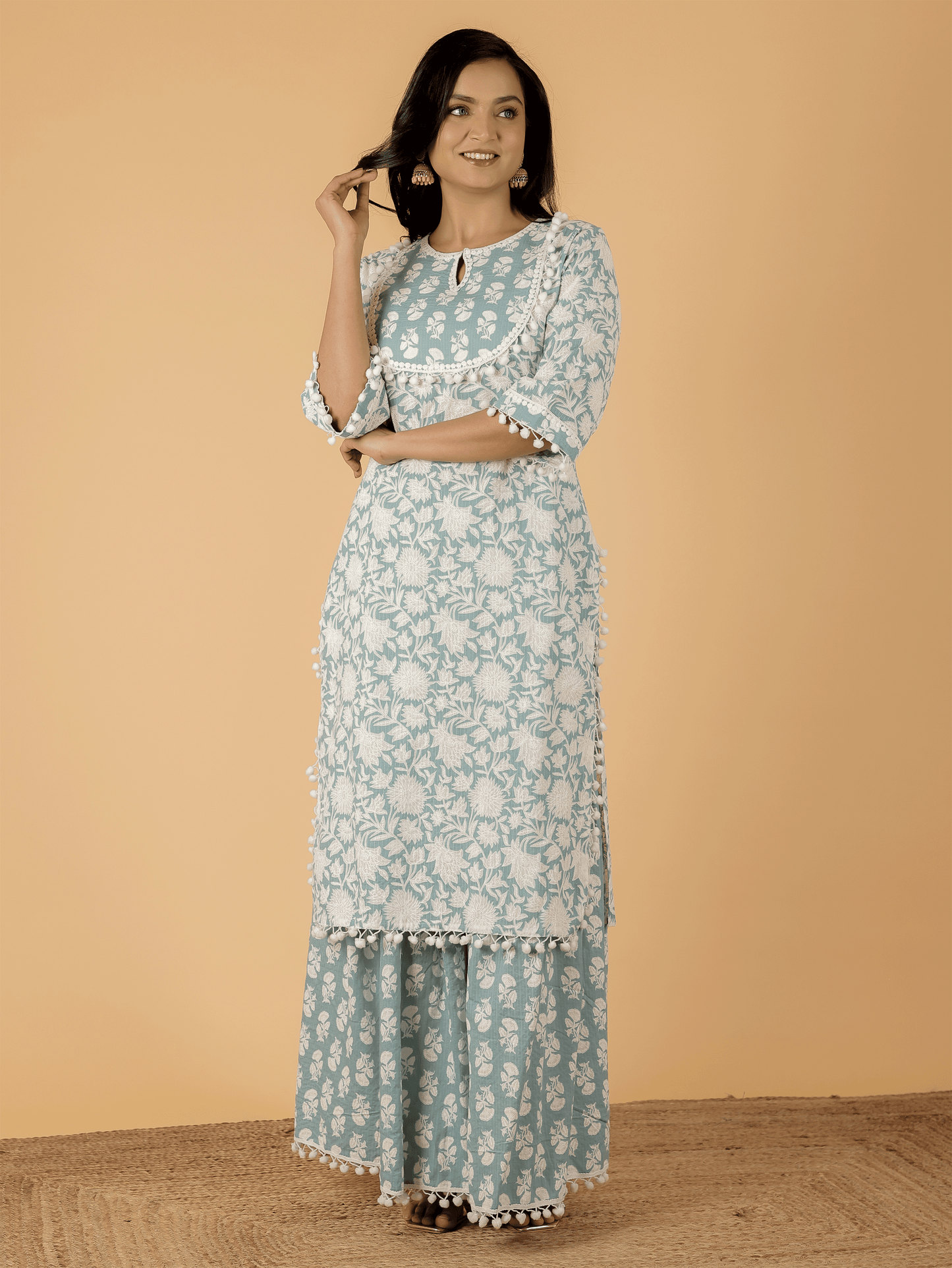 Kantha Cotton Floral Straight Blue Kurta