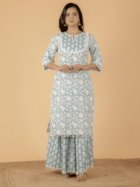 Kantha Cotton Floral Straight Blue Kurta