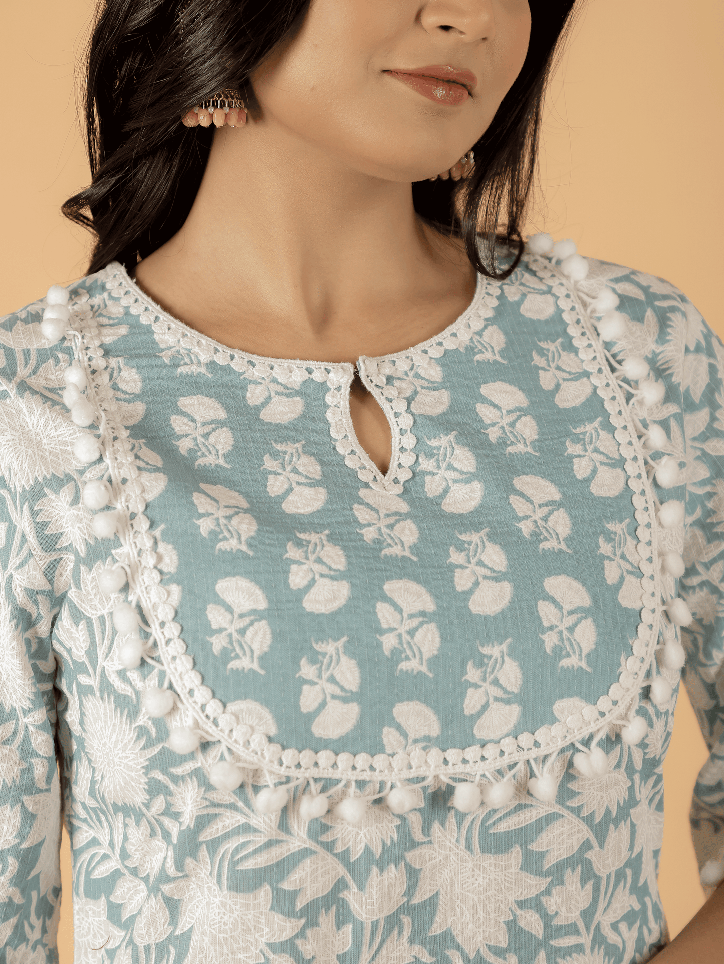 Kantha Cotton Floral Straight Blue Kurta