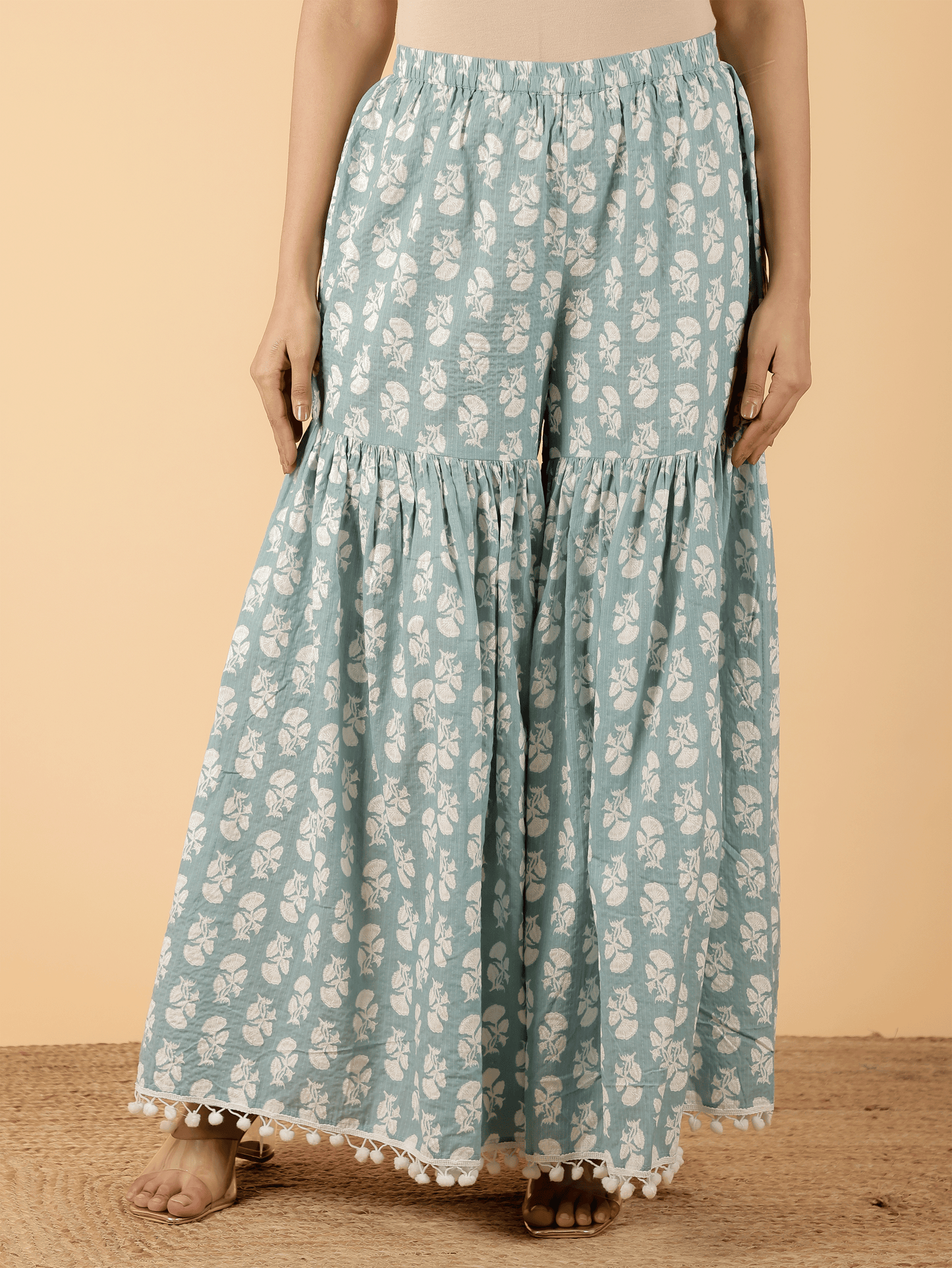 Kantha Cotton Floral Straight Blue Kurta