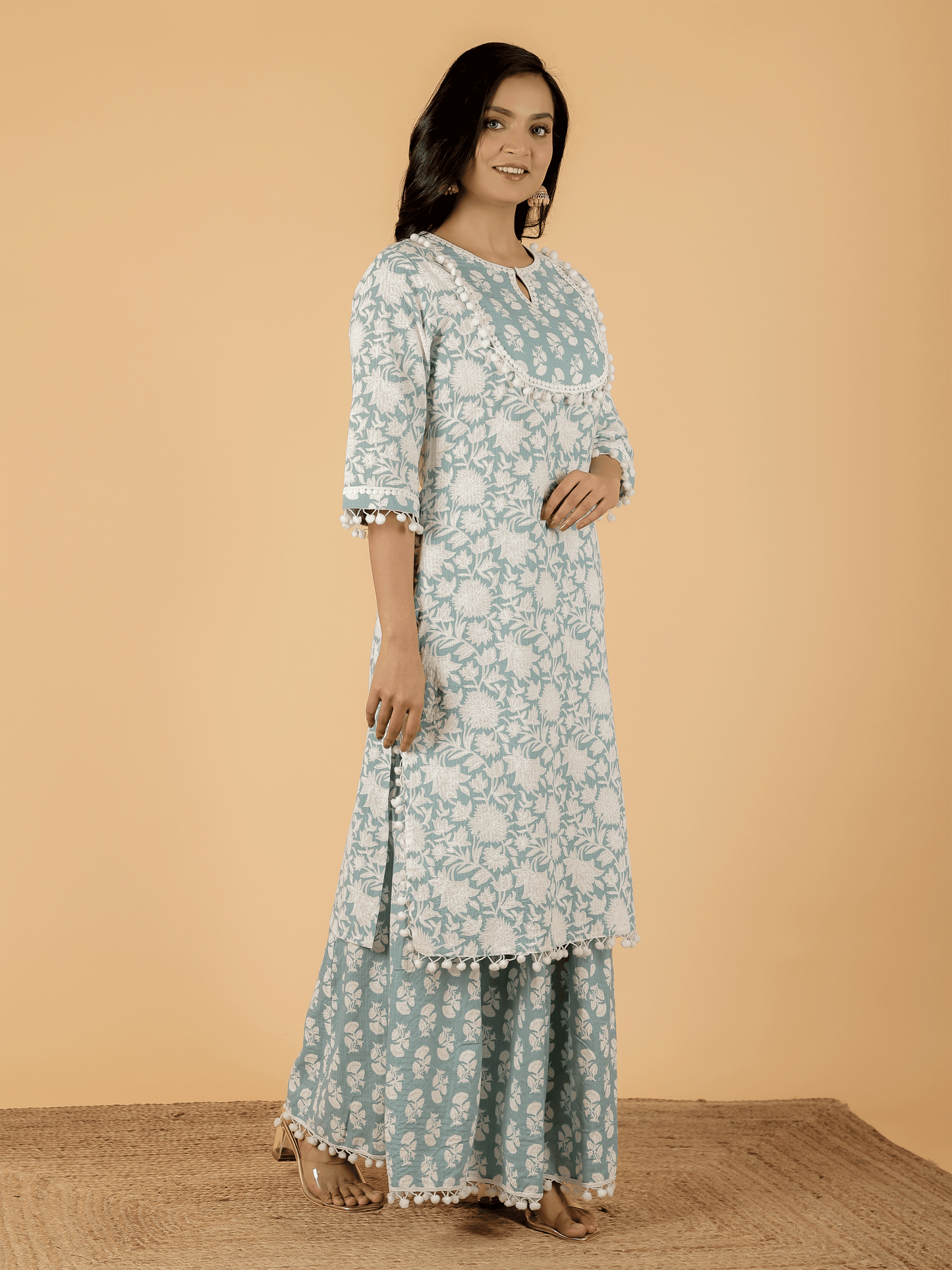 Kantha Cotton Floral Straight Blue Kurta