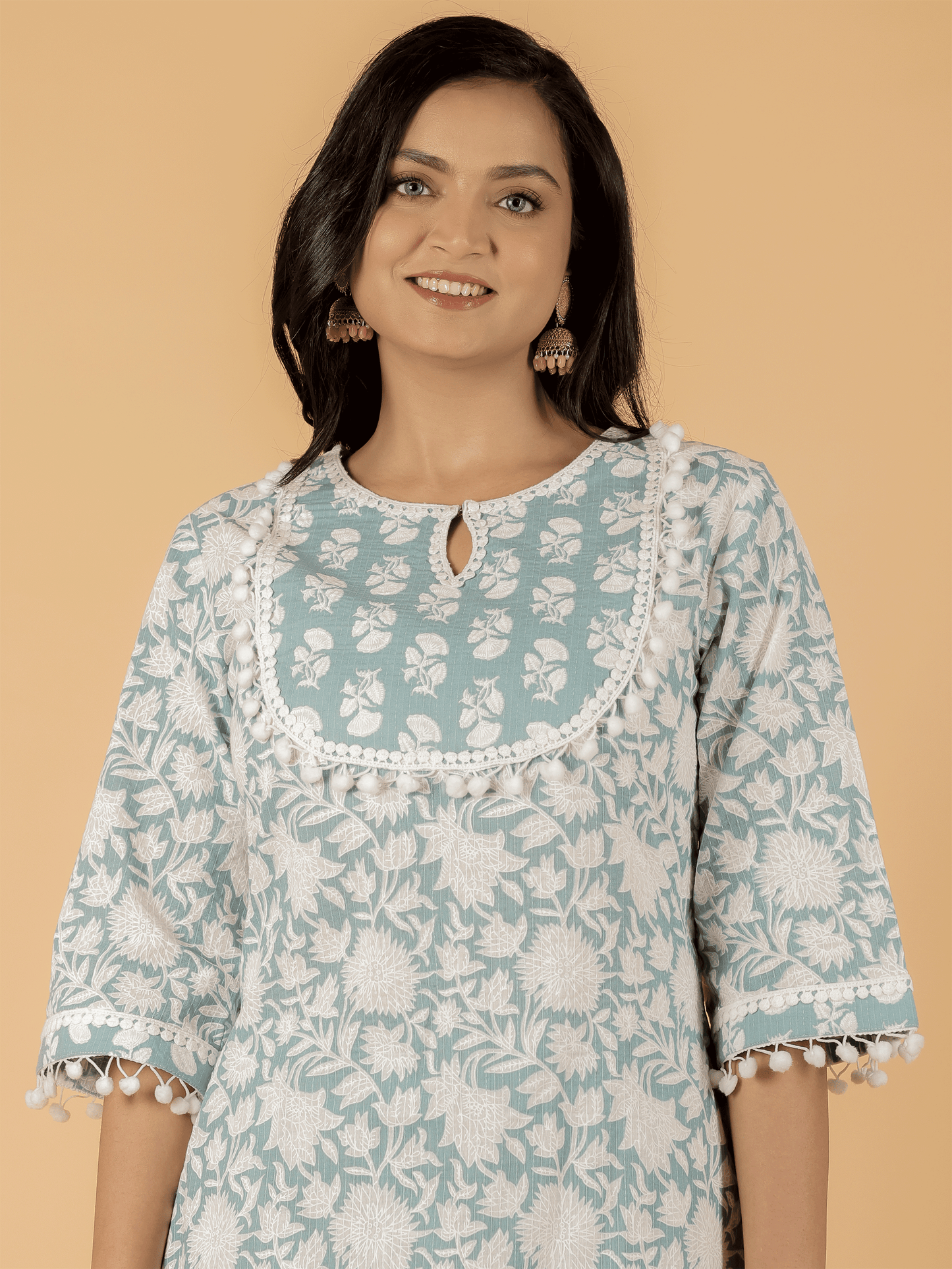 Kantha Cotton Floral Straight Blue Kurta