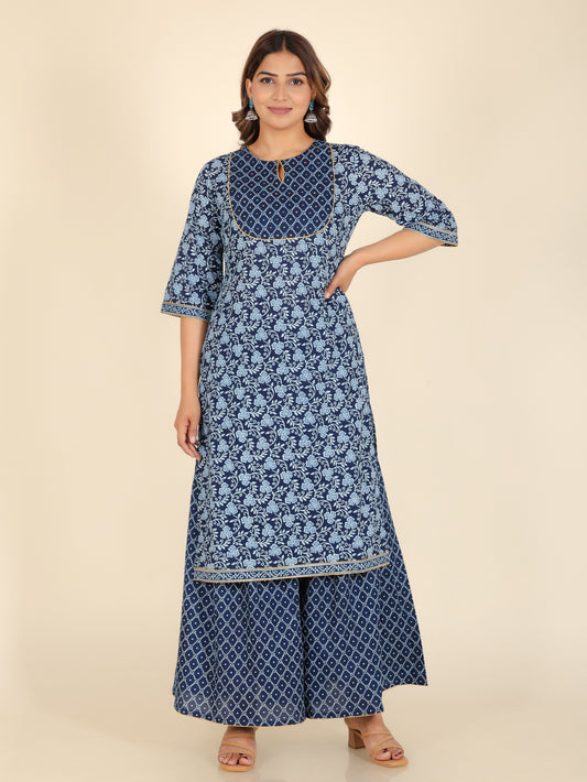 Soft Cotton Floral Straight Blue Kurta