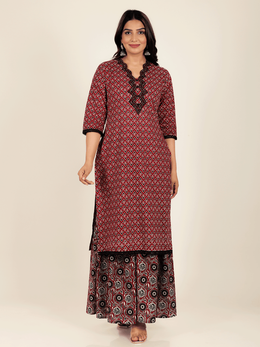 Soft Cotton Geometric Straight Red Kurta