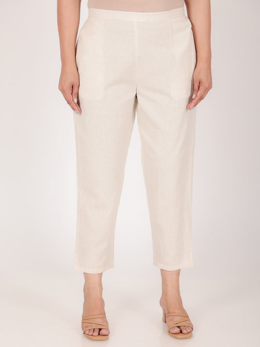 Linen Cotton Solid Cream Tapered Trousers