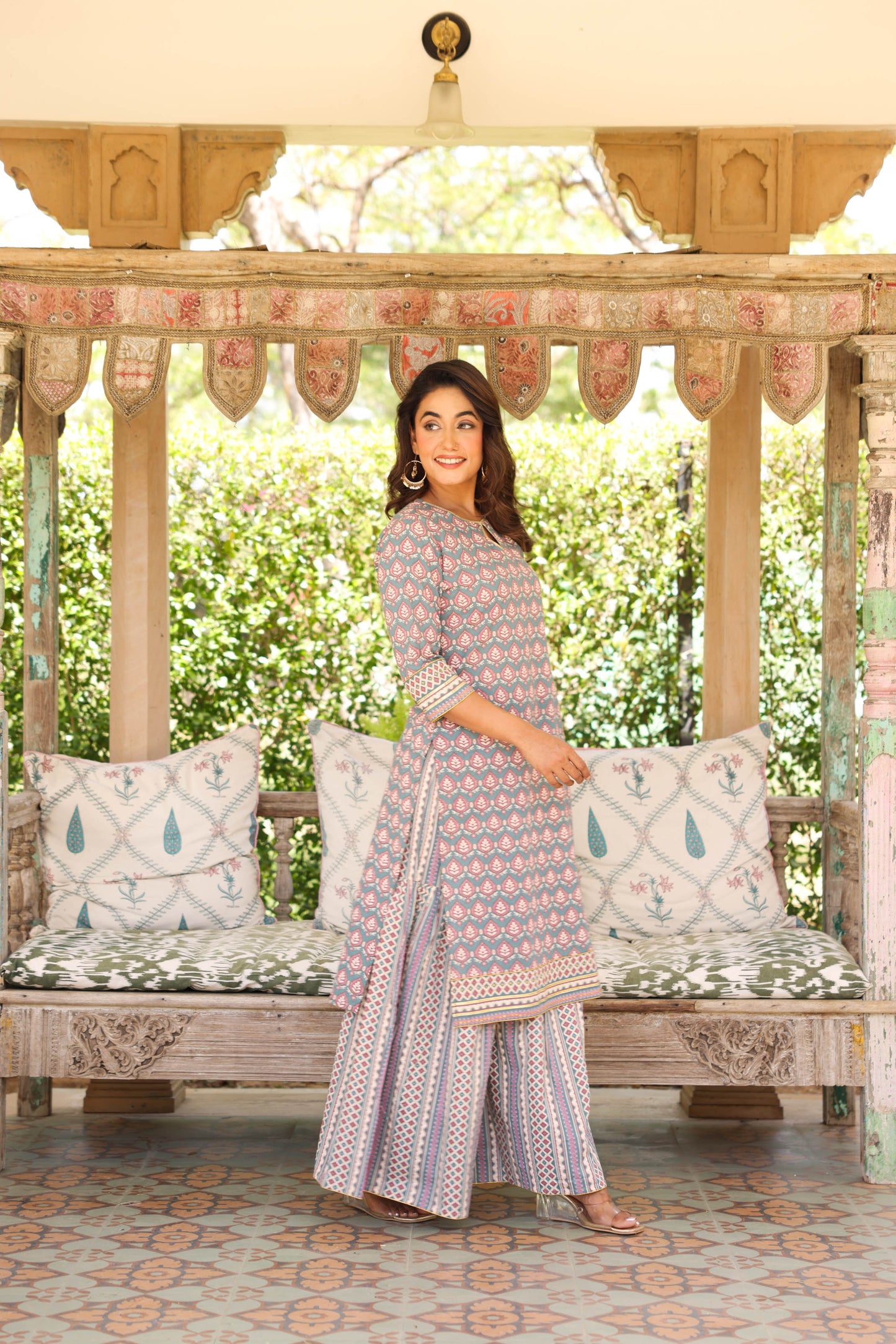 Soft Cotton Floral Straight Blue Kurta