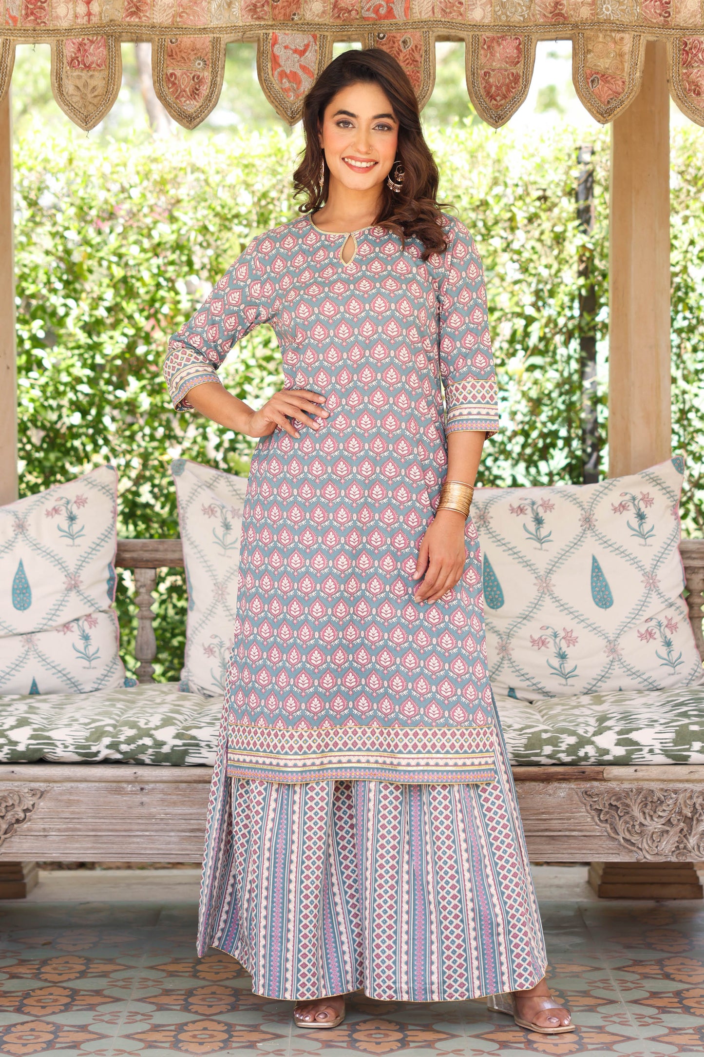 Soft Cotton Floral Straight Blue Kurta