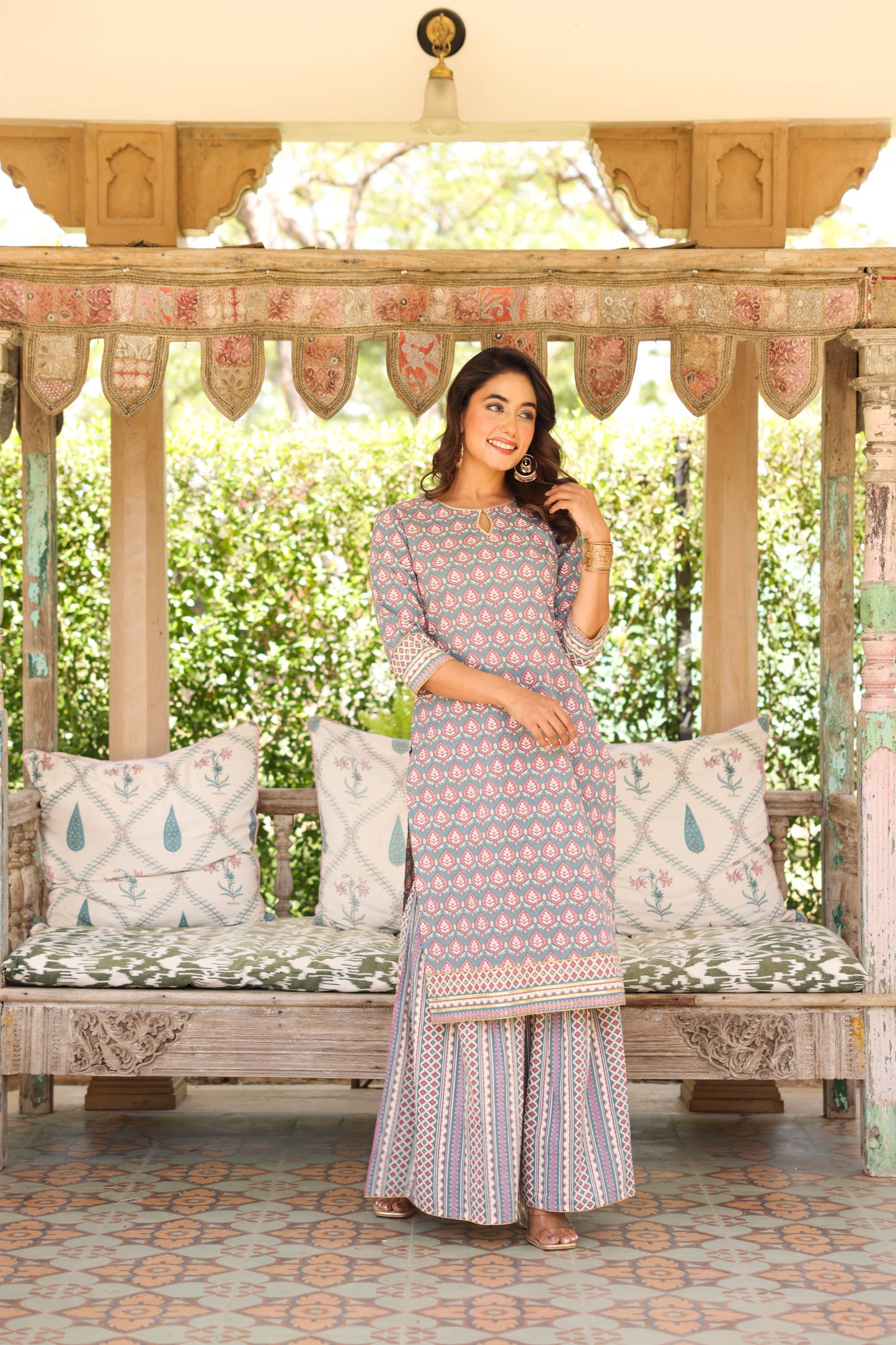 Embroidered Soft Cotton Geometric Straight Teal Kurta