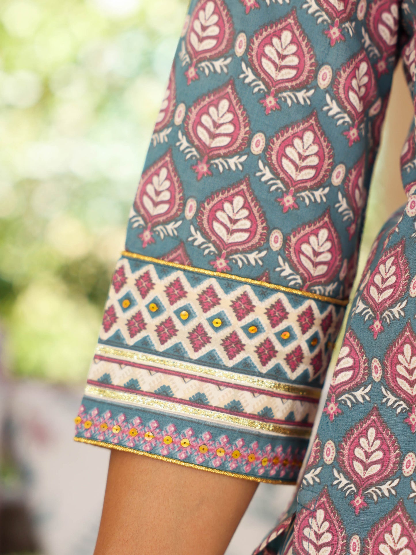 Embroidered Soft Cotton Geometric Straight Teal Kurta
