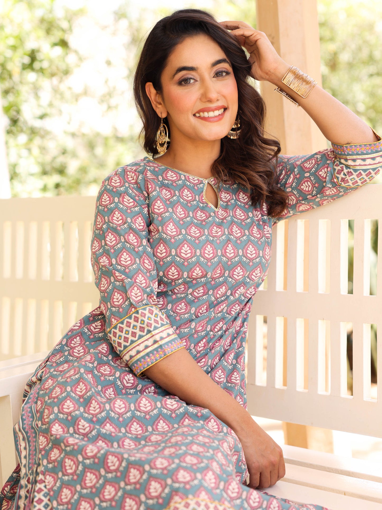 Soft Cotton Floral Straight Blue Kurta
