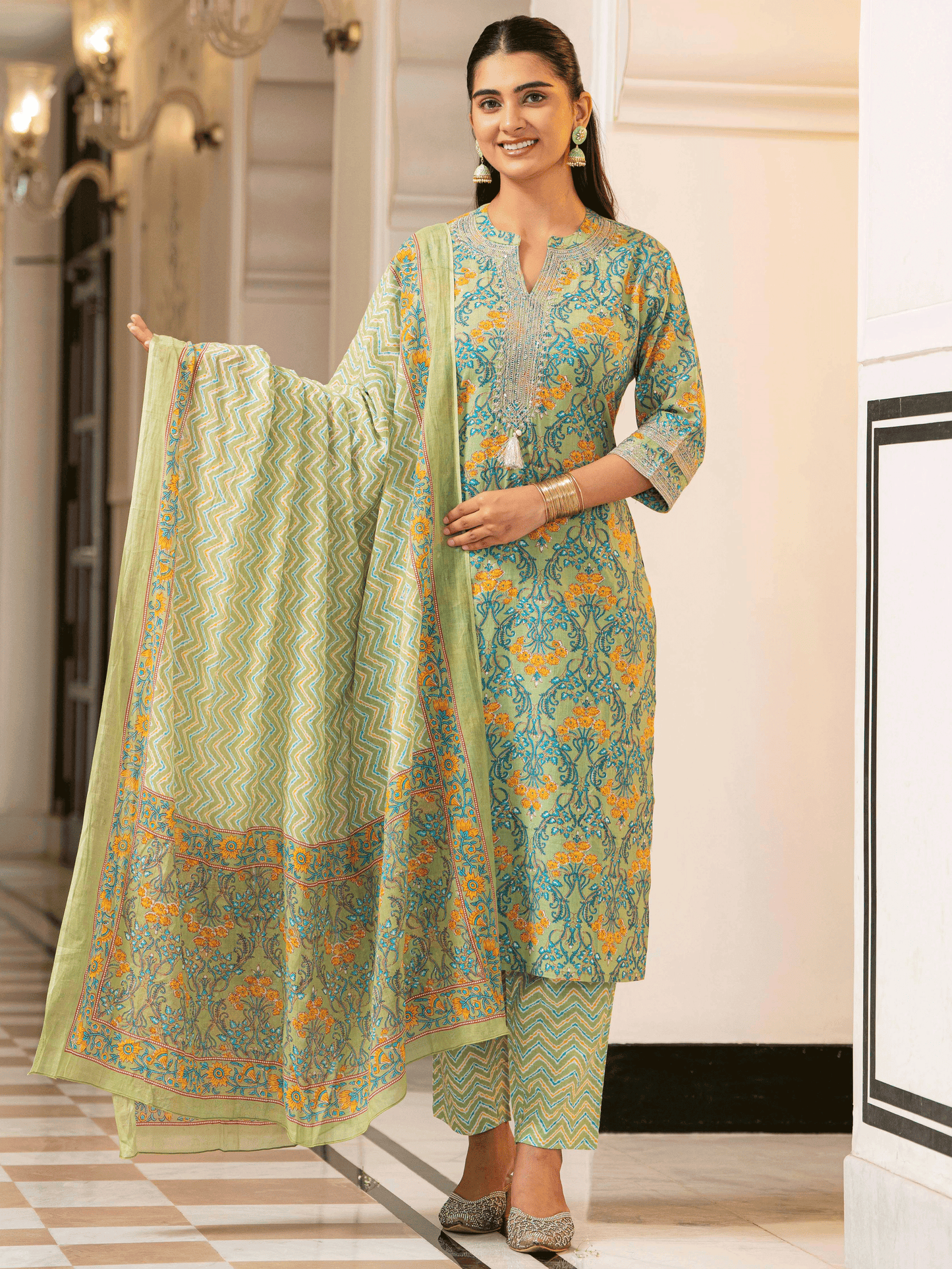 Voile Cotton Cheveron Green Dupatta