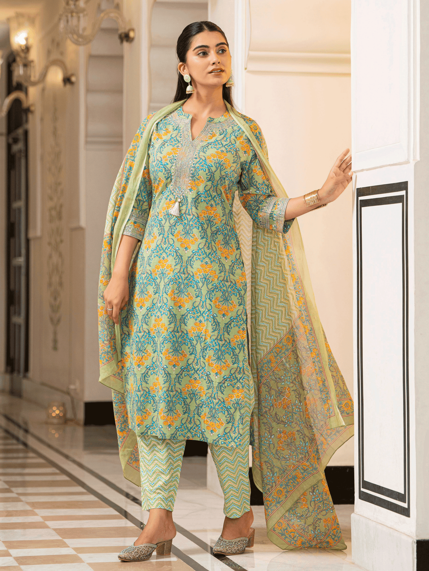 Voile Cotton Cheveron Green Dupatta