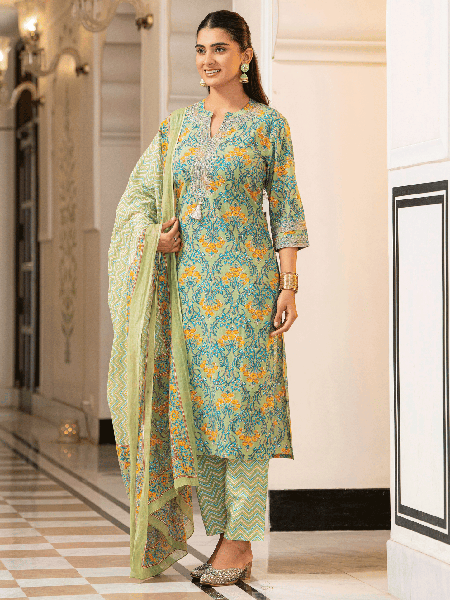 Voile Cotton Cheveron Green Dupatta
