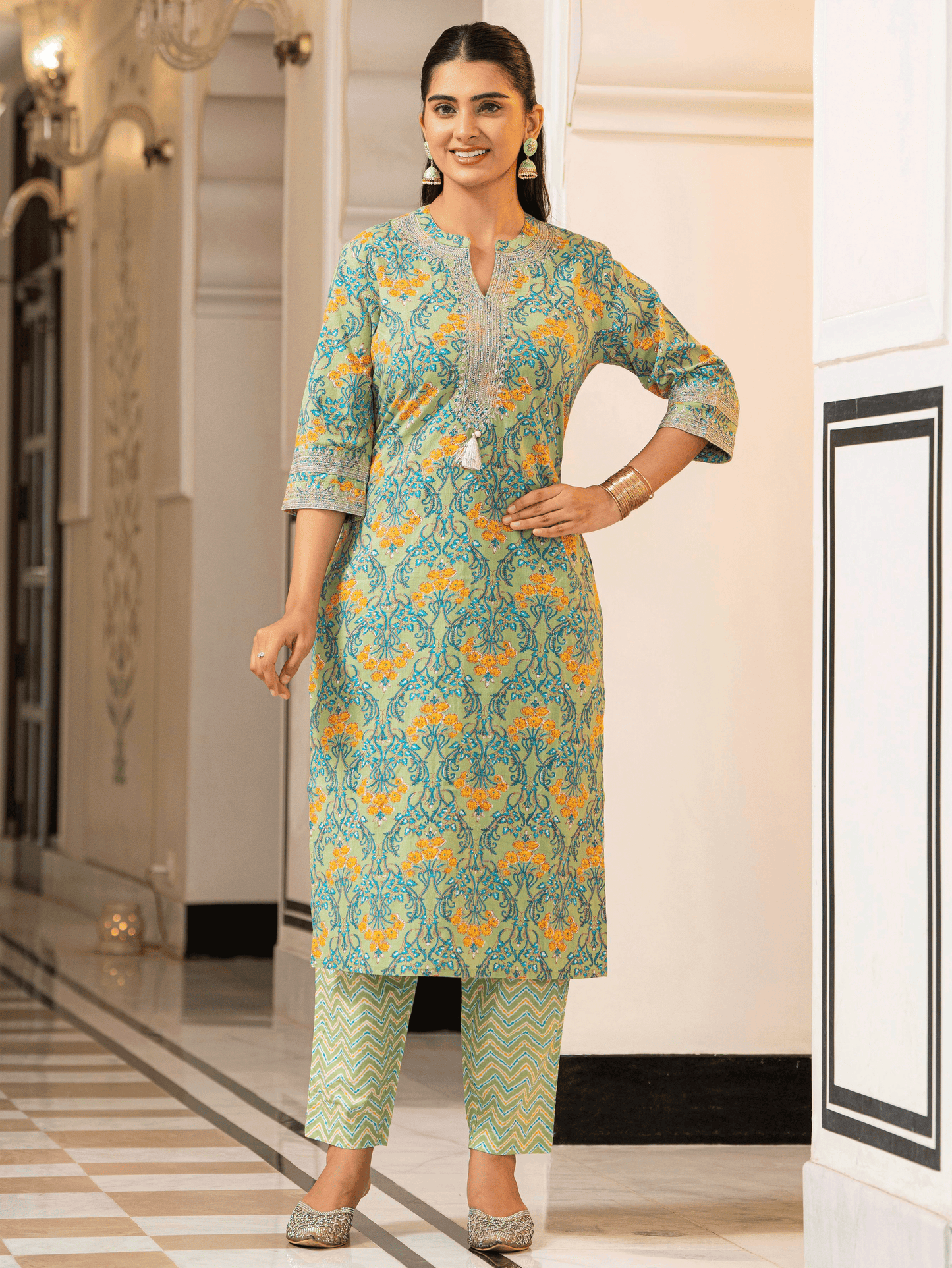 Embroidered Soft Cotton Floral Straight Green Kurta