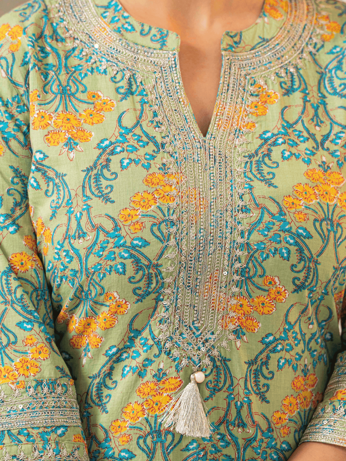 Embroidered Soft Cotton Floral Straight Green Kurta