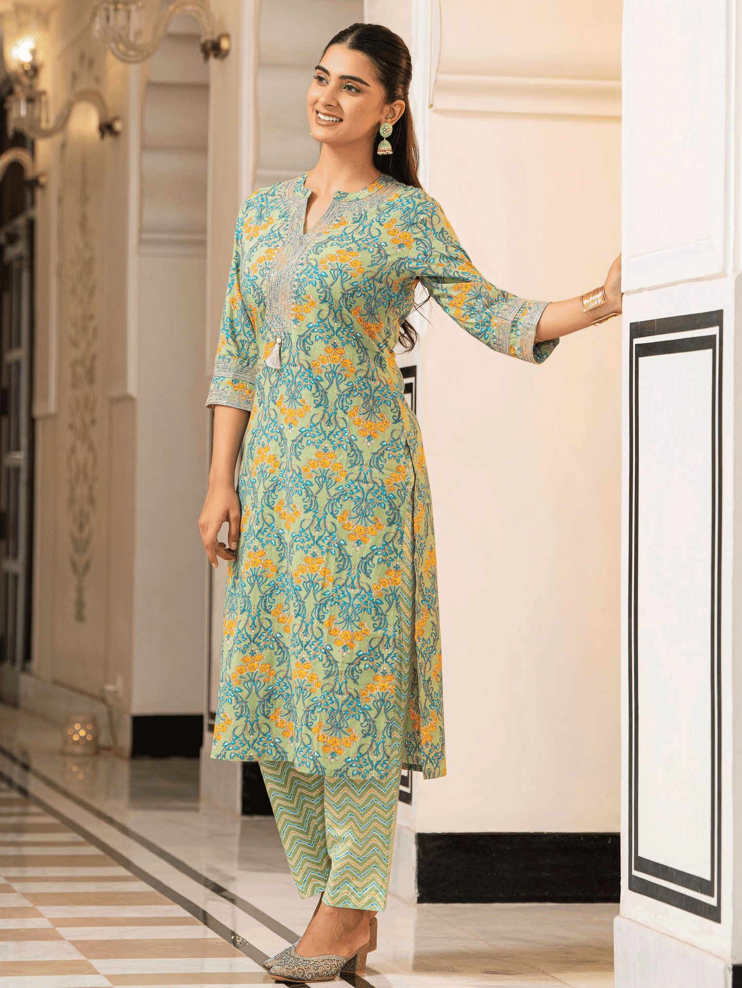 Embroidered Soft Cotton Floral Straight Green Kurta