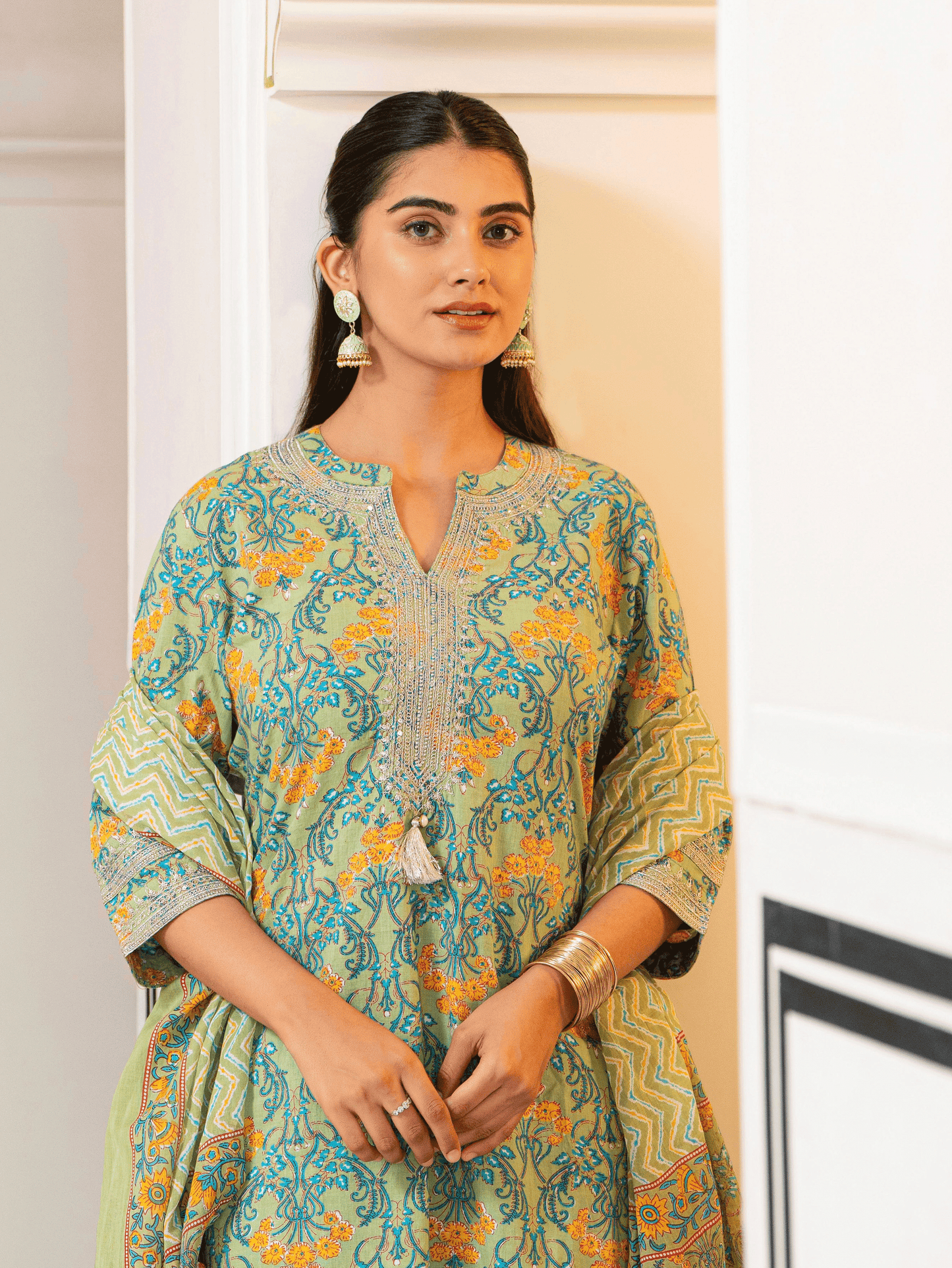 Embroidered Soft Cotton Floral Straight Green Kurta