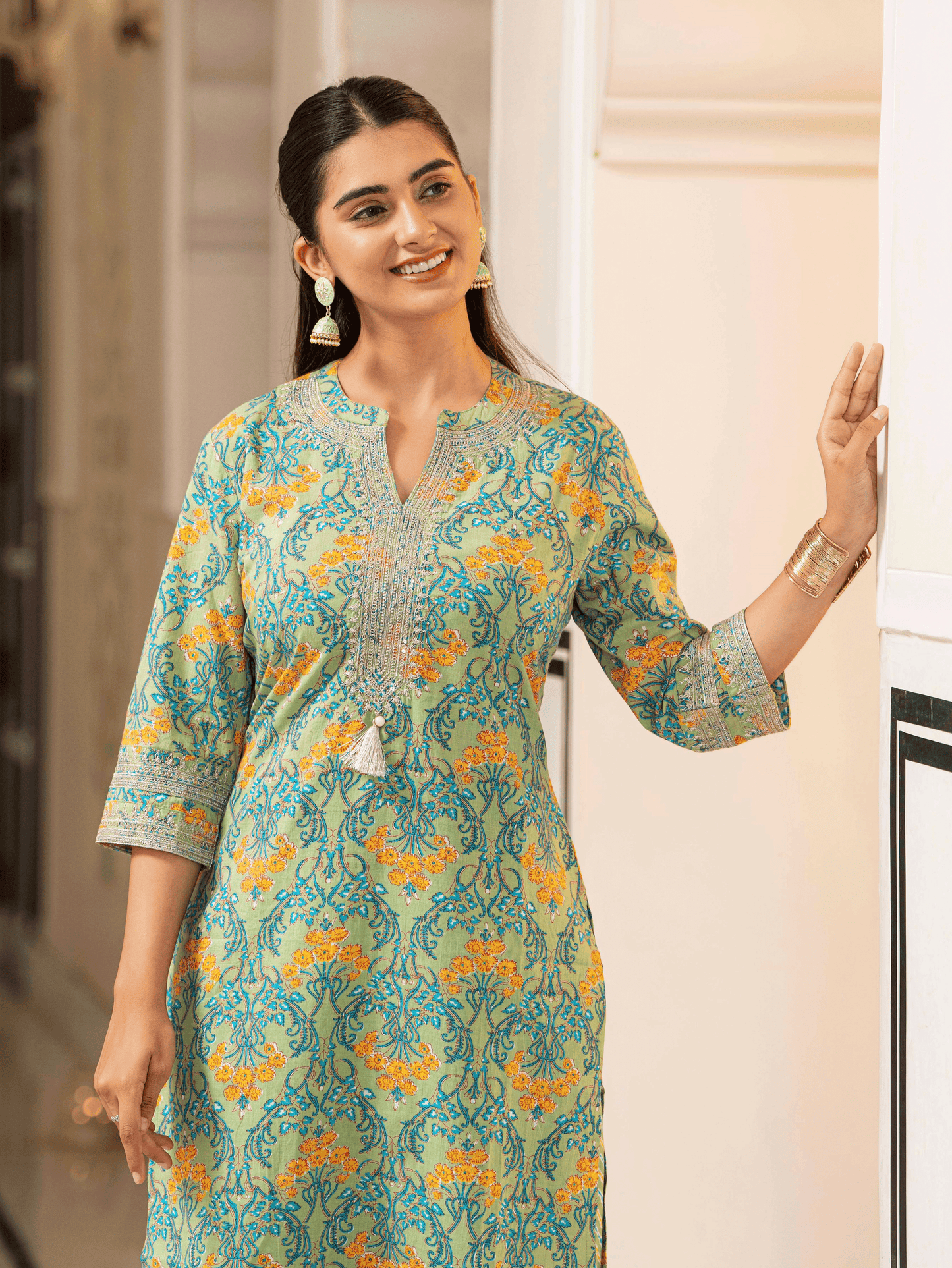 Embroidered Soft Cotton Floral Straight Green Kurta