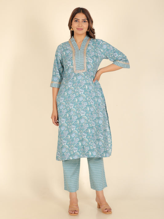 Kantha Cotton Floral Straight Green Kurta