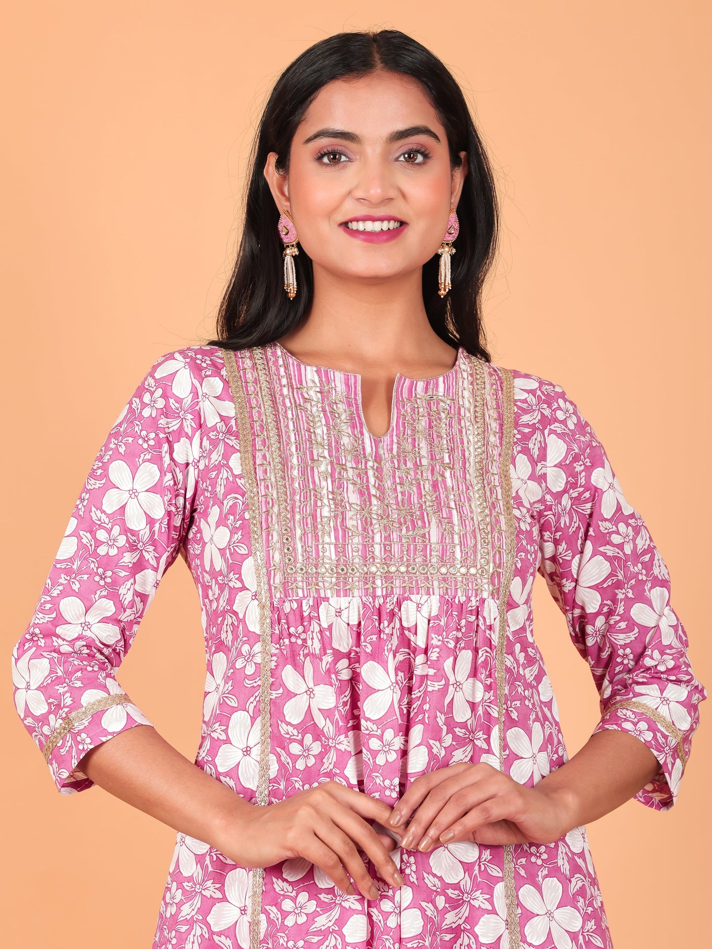 Soft Cotton Floral Panelled Pink Kurta