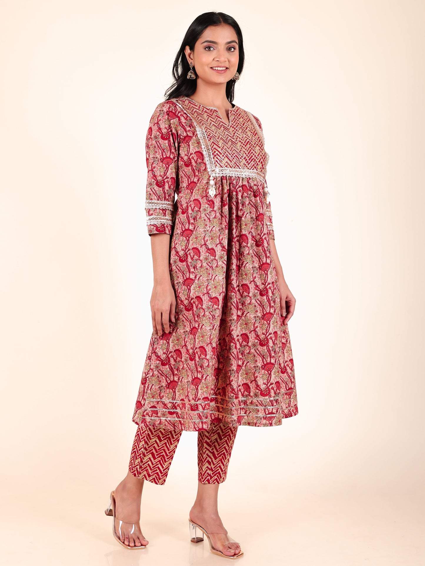 Soft Cotton Floral Panelled Red Kurta