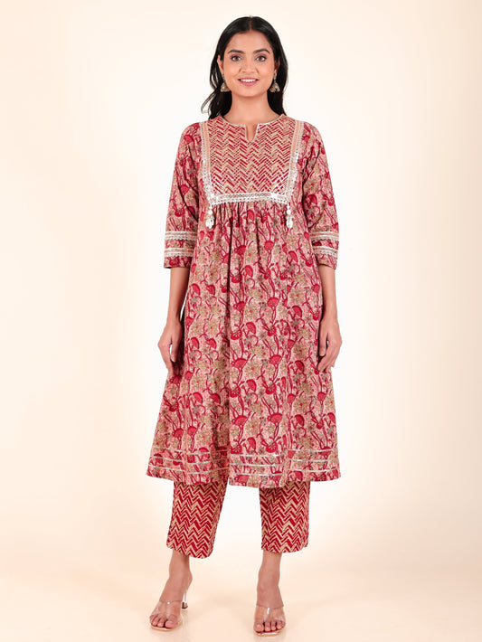 Soft Cotton Floral Panelled Red Kurta
