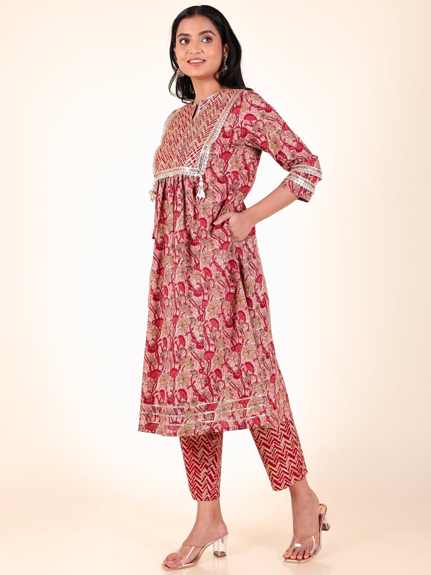 Soft Cotton Floral Panelled Red Kurta