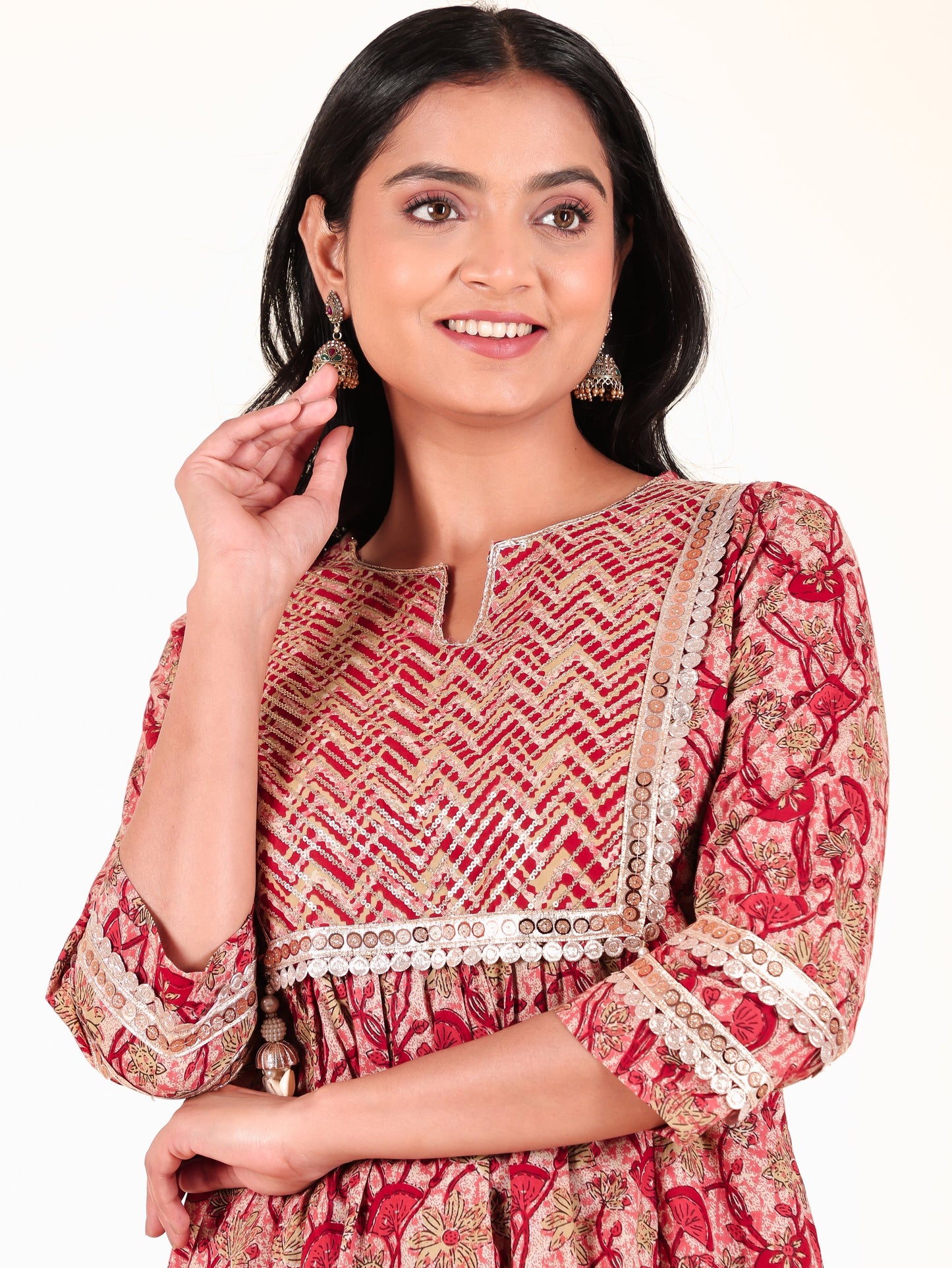 Soft Cotton Floral Panelled Red Kurta