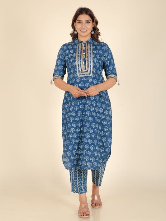 Soft Cotton Floral Pathani Blue Kurta