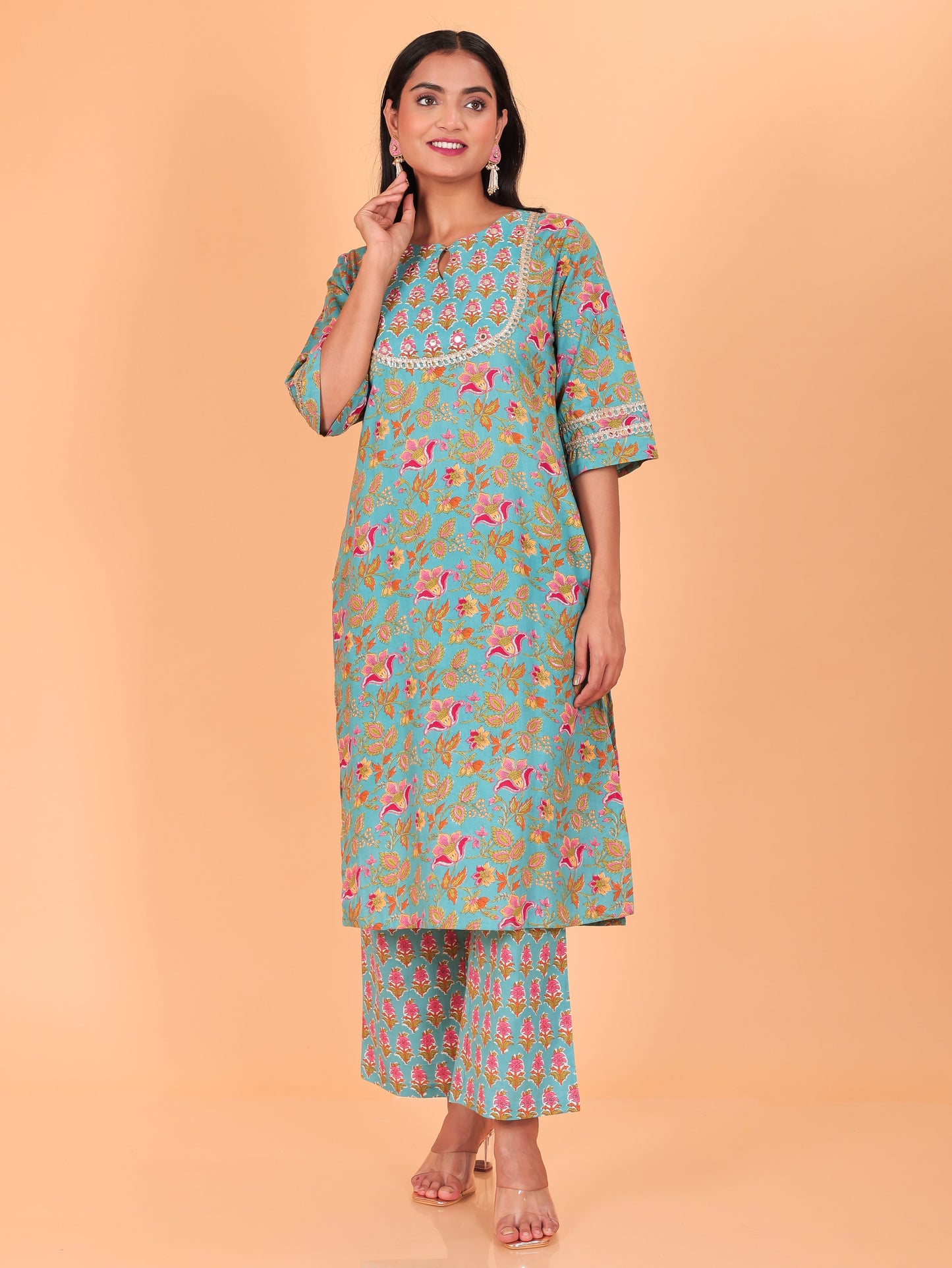 Soft Cotton Floral Straight Green Kurta