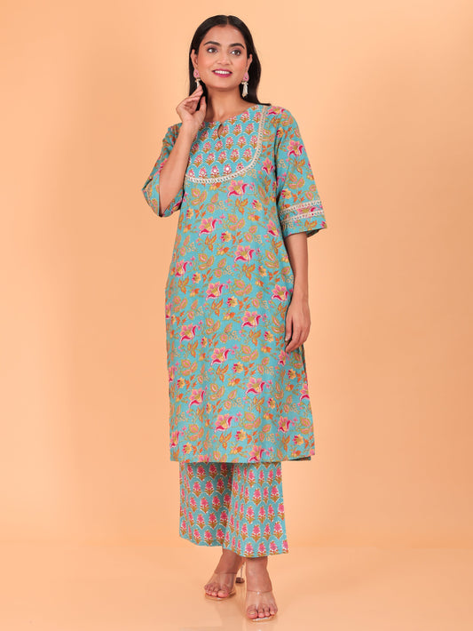 Soft Cotton Floral Straight Green Kurta
