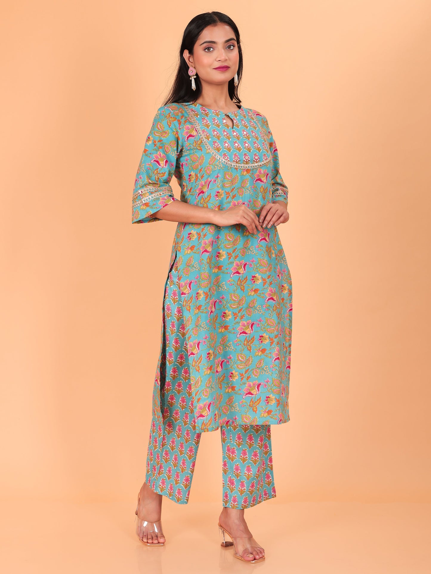 Soft Cotton Floral Straight Green Kurta