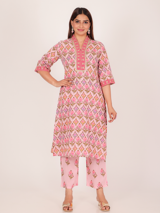 Soft Cotton Floral Straight Pink Kurta